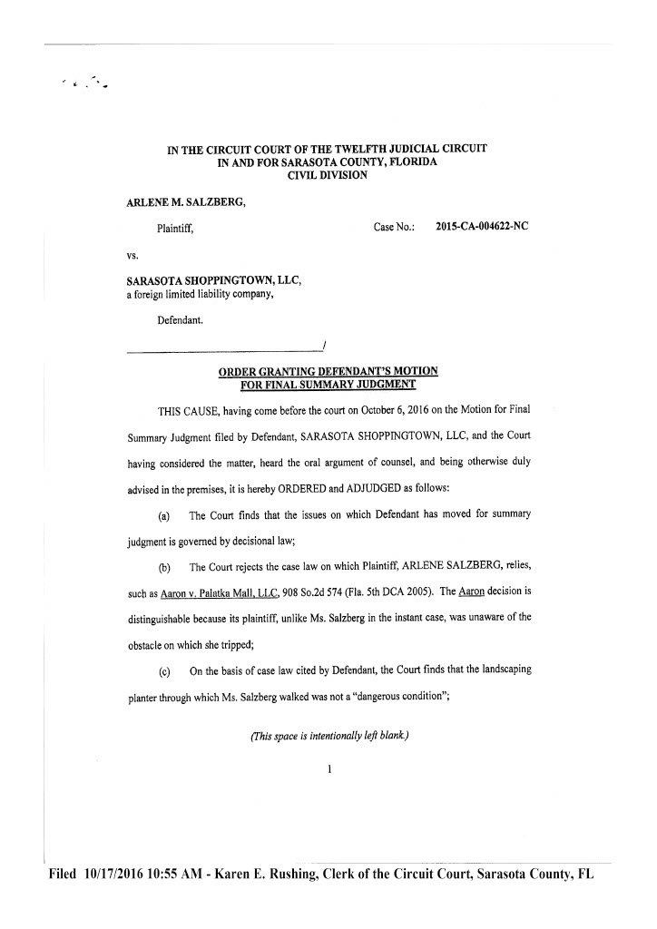 Salzberg vs Sarasota Shoppingtown-Order Granting Defs MSJ - Signed by Judge1024_1
